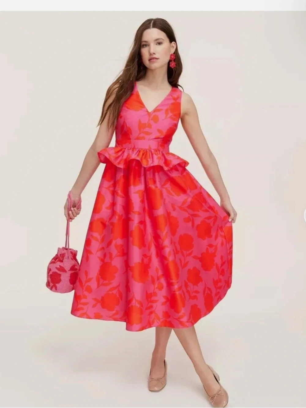 kate spade Pink and Red Floral V-Neck Peplum Midi Dress